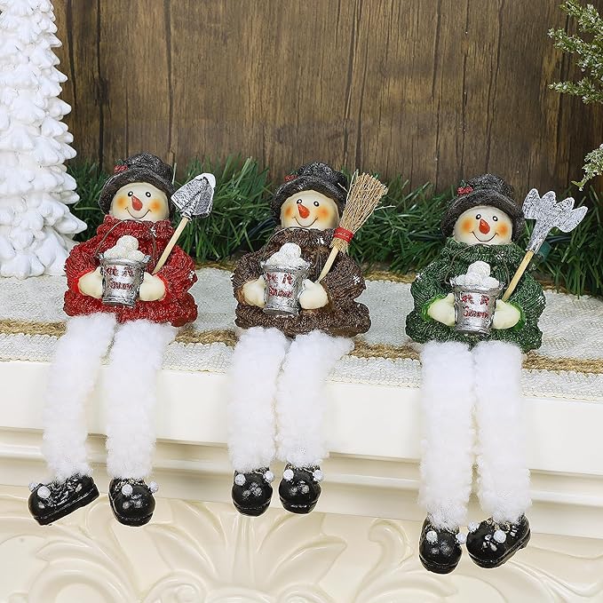 Lulu Home Christmas Snowman Decorations - 3 Pack Resin Snowman Shelf Sitters with Plush Dangling Legs for Winter Xmas Tabletop Mantel Fireplace Home Holiday Decor