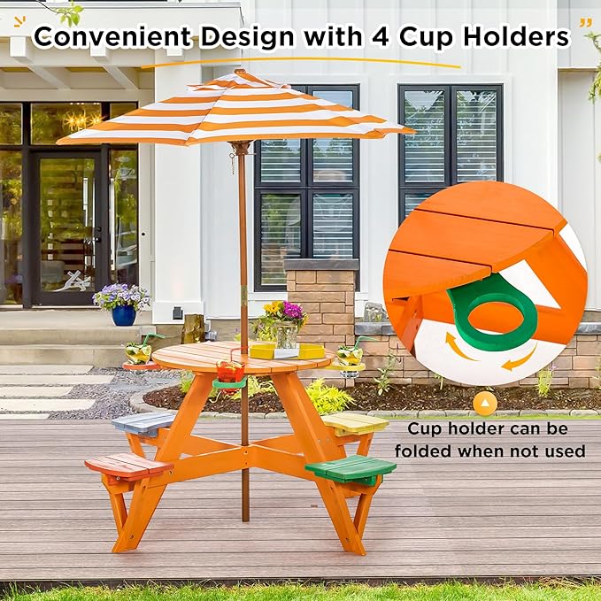 Kids Picnic Table & Stool Set, Outdoor Wood Round Table & 4 Bench, Toddler Picnic Table Set w/Height Adjustable Umbrella, Children Activity Table w/Cup Holders for Patio, Garden, Backyard
