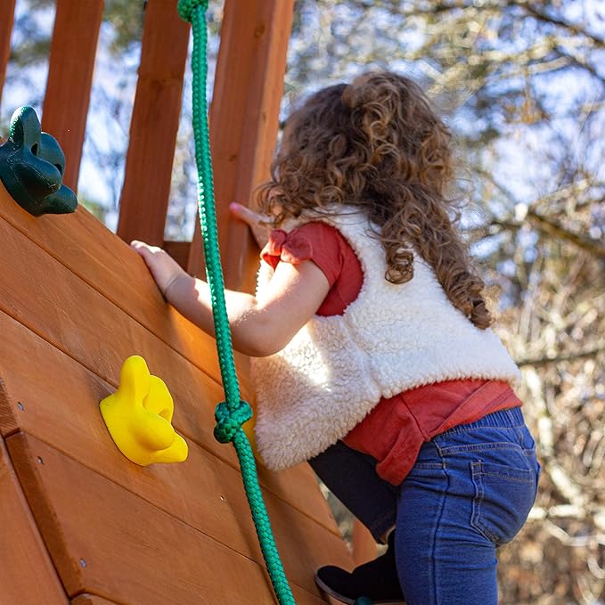 Gorilla Playsets 01-1066-Y Outing Wood Swing Set with Wood Roof and Trapeze Arm - Yellow Slide