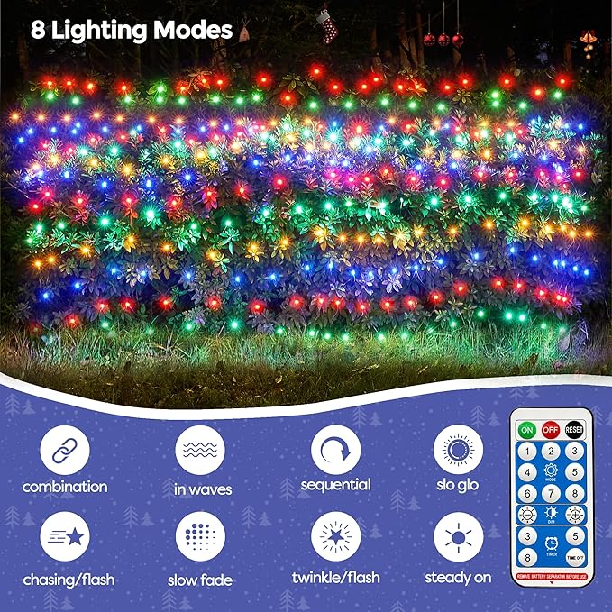 WBao Solar Christmas Lights Outdoor 360LED 11.5ft x 6.9ft Christmas Net Lights with Remote, 8 Lighting Modes, Timer, Waterproof for Lawn, Bushes, Shrubs, Trees Outdoor Xmas Decorations, Multicolor