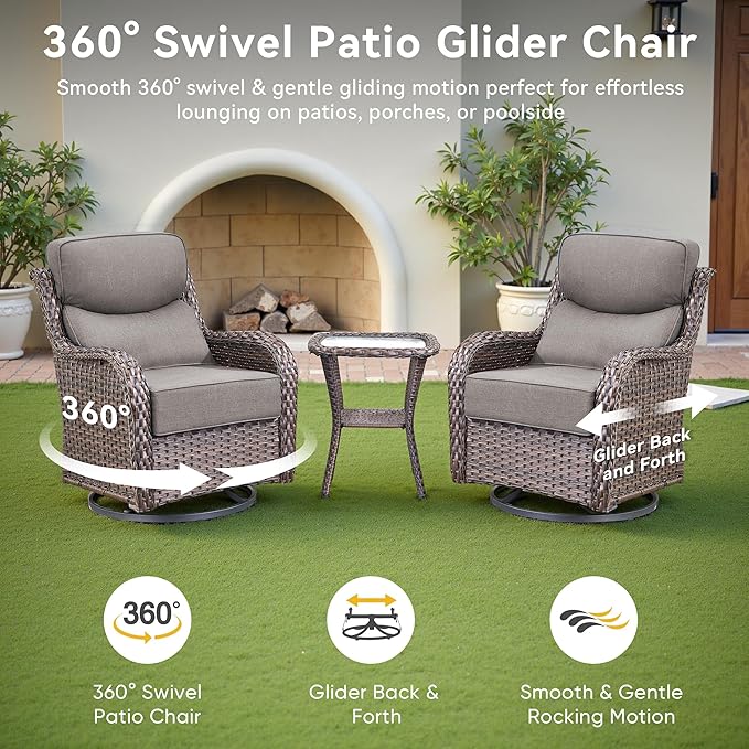 Luxury High Back Outdoor Furniture 6-Inch Thick Cushions with 50,000 BTU Gas Propane Fire Pit Tablet, Patio Furniture Set with Swivel Chairs, 8 PCS for Porch, Balcony, Deck and Yard