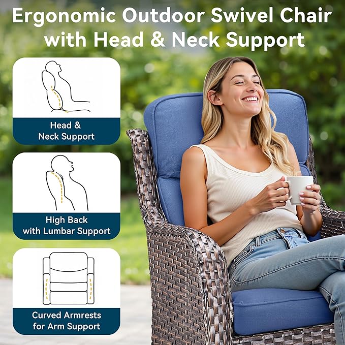 Luxury High Back Outdoor Furniture 6-Inch Thick Cushions with 50,000 BTU Gas Propane Fire Pit Tablet, Patio Furniture Set with Swivel Chairs, 8 PCS for Porch, Balcony, Deck and Yard