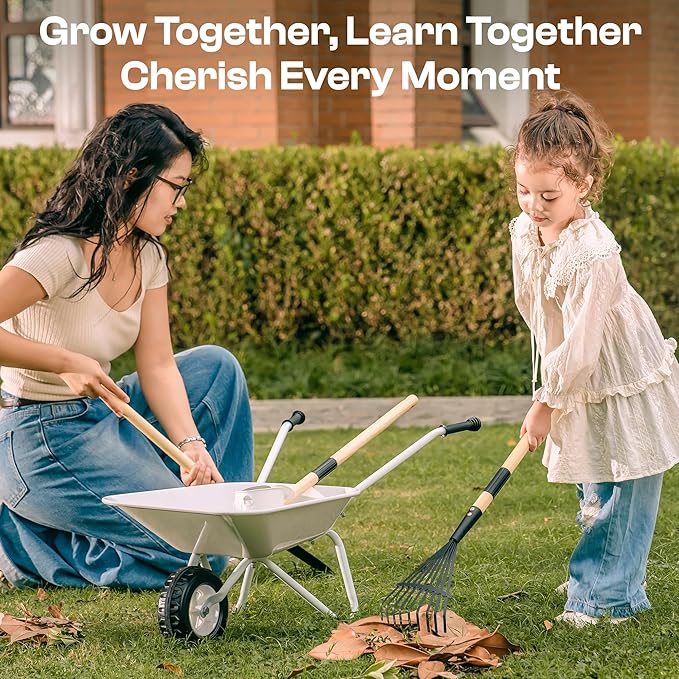 ROBOTIME Kids Wheelbarrow with Gardening Set – Metal Wheelbarrow Toddler Outdoor Play Toy with Garden Tools, Watering Can & Plant Labels, Pretend Play Yard Equipment for Boys and Girls (Gray)