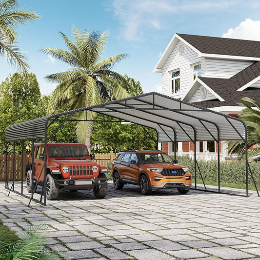 Metal Carport, 20x20 FT Outdoor Carport Canopy with Reinforced Base and Galvanized Steel Roof, Heavy Duty Garage Car Shelter Shade for SUV, Truck, Boats
