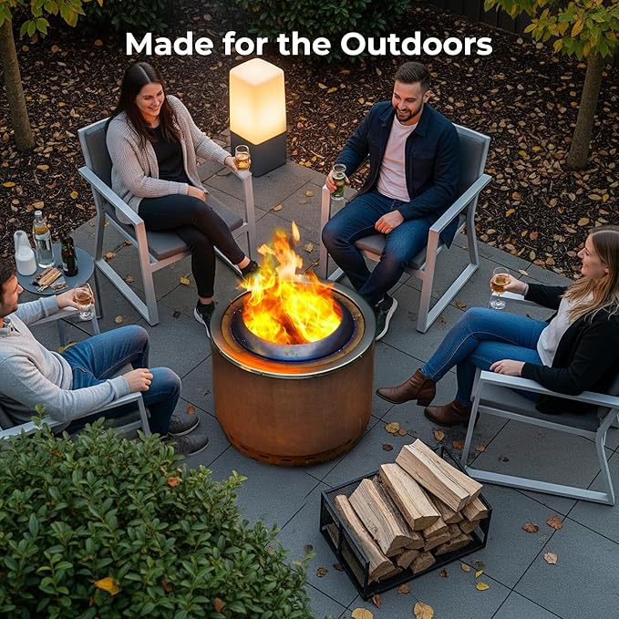 KOL 20 Smokeless Dual Flame Fire Pit for Outdoor - Thick Corten Steel & Stainless Steel Wood Burning Firepits with Stand, Portable Bonfire Pit with Removable Ash Pan for Patio, Backyard, Campsite