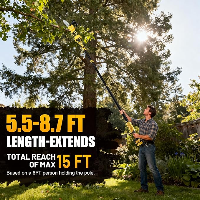 8 Inch/ 10 Inch Electric Pole Saws for Tree Trimming & Mini Chainsaw 4-IN-1, Cordless Pole Saw Battery Powered, Chain Saw with Extension Pole, Total Reach of Max 15ft, Limb Branch Cutter Pruner