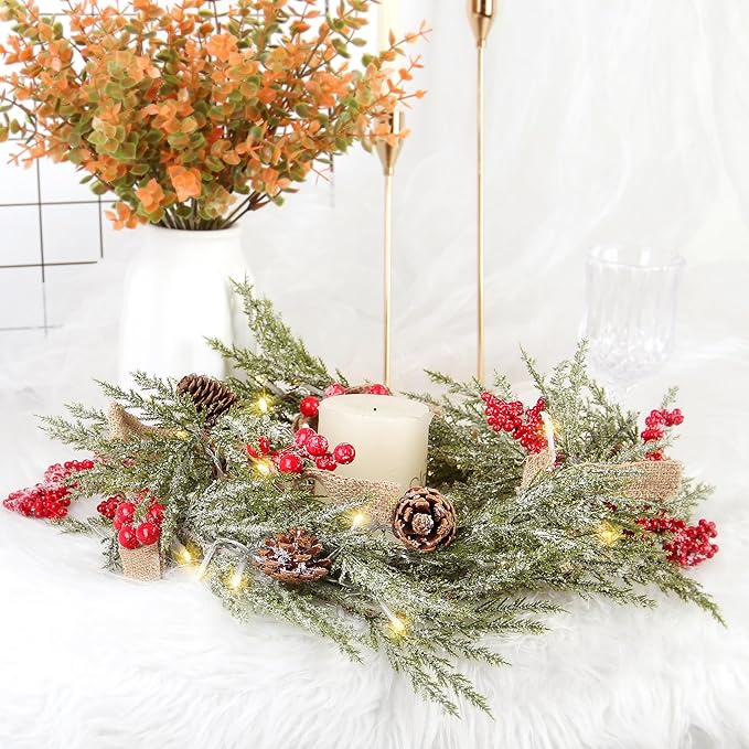 Christmas Garland with 50 Lights for Mantle - 6 Ft Snowy Cedar Garland with Pine Cones Red Berries Artificial Greenery Garlands with Timer, Prelit Garland for Holiday Table Centerpiece