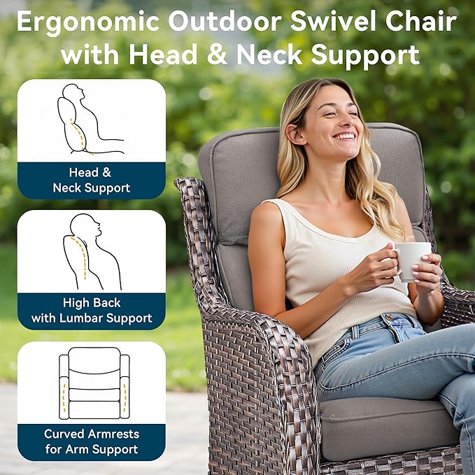 Luxury High Back Outdoor Furniture 6-Inch Thick Cushions with 50,000 BTU Gas Propane Fire Pit Tablet, Patio Furniture Set with Swivel Chairs, 8 PCS for Porch, Balcony, Deck and Yard