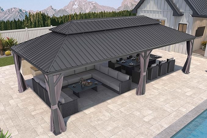 PURPLE LEAF 12' X 26' Hardtop Gazebo Aluminum Gazebo with Galvanized Steel Double Roof for Patio Lawn and Garden, Curtains and Netting Included Grey