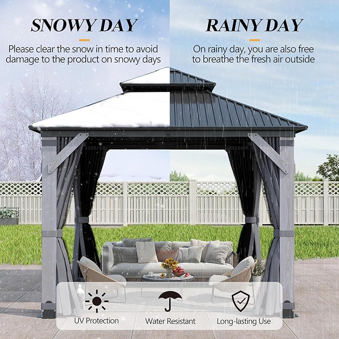 GARTOO 8.5' x 8.5' Outdoor Wood Gazebo - Permanent Wooden Hardtop Gazebo Pavilion with Double Curtains, Galvanized Steel Roof Cedar Wood Gazebos for Poolside, Backyard Deck, Garden, Lawn