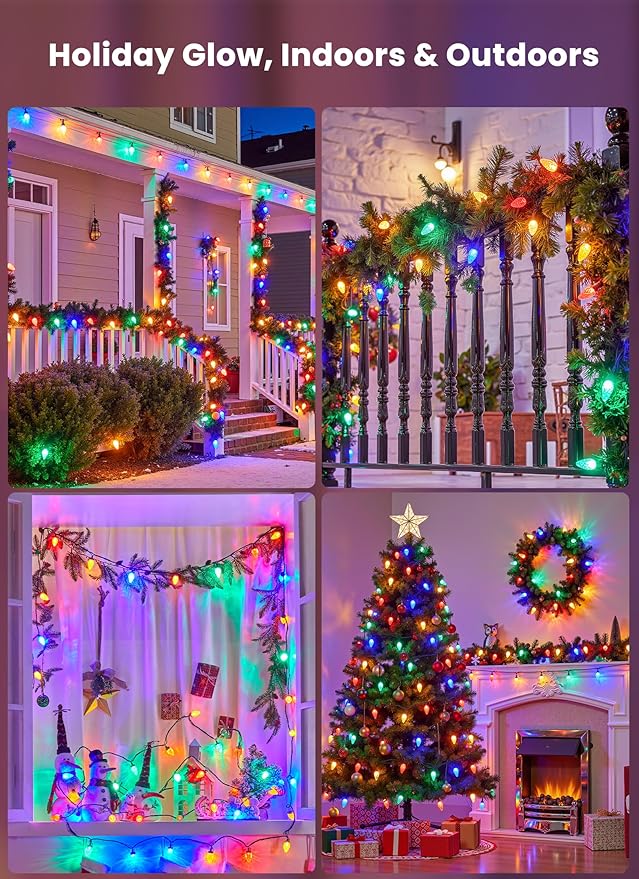 Minetom C9 Christmas Lights Outdoor, 81 Feet 100 LED String Lights with Timer & 8 Light Mode, Waterproof Commercial Grade Christmas Tree Lights for Outside Indoor Roofline Patio, Multicolor 2 Pack