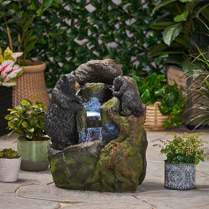 Merax 23.75" High Handcrafted Floor Fountain – Faux Stone Waterfall with LED Lights, Weather-Resistant Outdoor Water Feature for Garden Patio Yard, Moss & Black