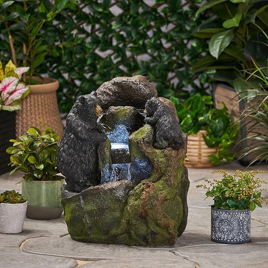 Merax 23.75" High Handcrafted Floor Fountain – Faux Stone Waterfall with LED Lights, Weather-Resistant Outdoor Water Feature for Garden Patio Yard, Moss & Black