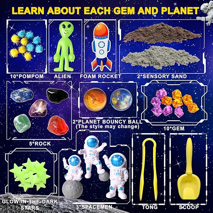 Galaxy Sensory bin, Gemstone Dig Kit,Galaxy Excavation Gem Kit with 5 Real Gemstones for Kids,Space Planet Toys STEM Science Kits,Alien Sandbox Play Set for Girls Boys 3 4 5 6 Years Old