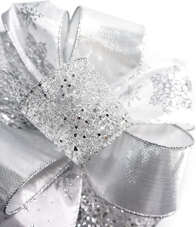 CT CRAFT LLC Sliver Snowflake Christmas Tree Topper Bow 11" with 4 Ribbon Streamers x 3 Yards Long Each for Holidy Elegant Fancy Home Décor Indoor