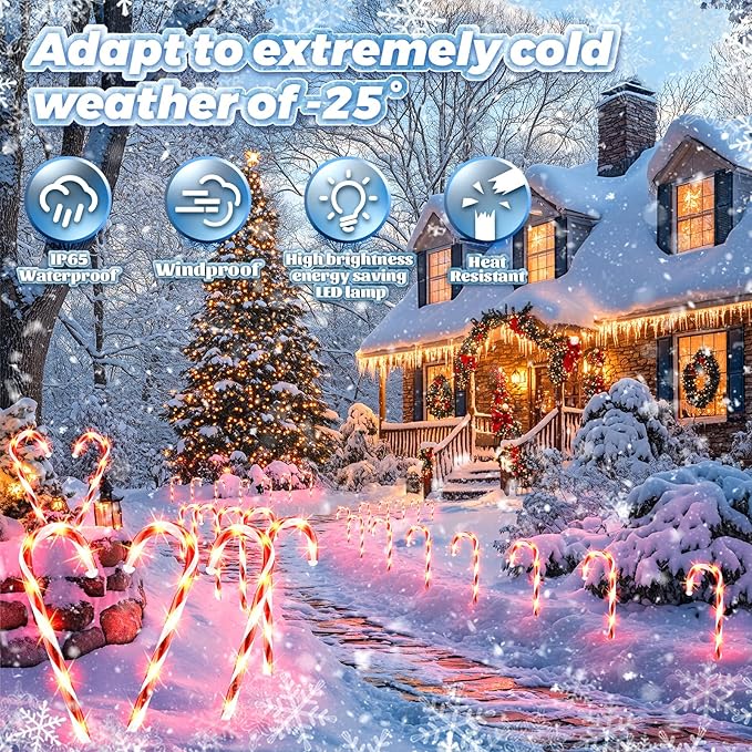Anordsem Solar Christmas Decorations Outdoor: 24 Pack Candy Cane Pathway Stake Lights - 15" Waterproof LED 8 Lighting Models Yard Garden DIY Decor - 2026 Xmas Gifts for Homeowners