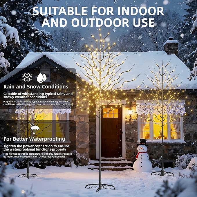 Outdoor Christmas Decorations Lighted Tree Set of 3, Light Christmas Tree Including 4 feet, 6 feet, and 8 feet, Christmas Tree Decorations with Warm White LED, Black Metal Branch for Holiday