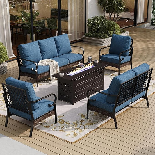 5 Piece Black Metal Outdoor Patio Furniture Set with Firepit Table, Patio Conversation Sets 1 3-Seater Sofa, 1 Loveseat, 2 Single Sofa with 5.75" Cushion for Backyard Deck, Blue-2