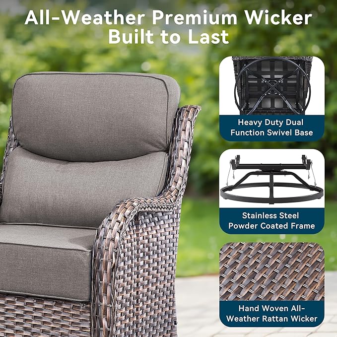 Luxury High Back Outdoor Swivel Rocker Patio Chairs with Side Table & 6-Inch Thick Cushions, 3 Pieces Patio Furniture Set for Porch, Balcony, Deck and Yard