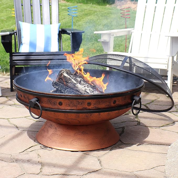 Sunnydaze 30-Inch Large Outdoor Fire Pit - Wood Burning Fire Pit for Outside with Poker and Screen - Copper Finish - Royal Cauldron