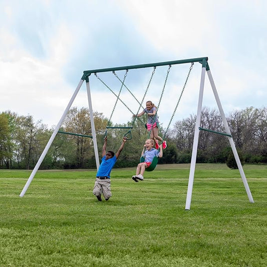 Backyard Discovery Big Brutus Galvanized Steel Swing Set Kit with Classic A-Frame, Two Belt Swings, One Trapeze Bar, Easy Assembly, Heavy-Duty Powder-Coated Steel, Weather-Resistant, Outdoor Playset