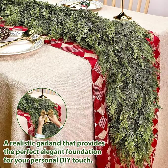 AONEGOLD 2PCS Christmas Garland with Hangers 6FT Green Faux Cedar Pine Norfolk Garland for Fireplace Mantel Door Frame Home Holiday Party Decor, Realistic Artificial Christmas Wreath Decorations