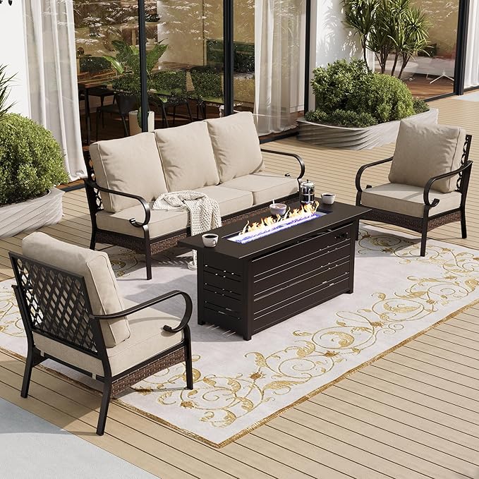 4 Piece Black Metal Outdoor Patio Furniture Sets with Firepit Table, Patio Conversation Sets 1 3-Seater Sofa, 2 Single Sofa with 5.75" Thick Cushion Backyard Furniture for Deck, Beige