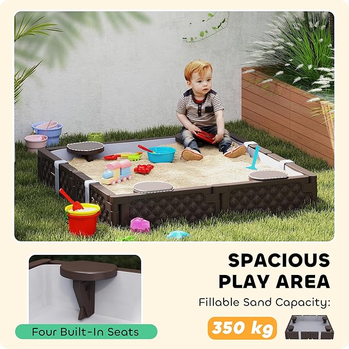 Qaba Kids Sandbox with Cover, Square 47 HDPE Large Sand Pit with 4 Seats, Waterproof Bottom Liner, Weather Resistant Outdoor Sand Box for Backyard, Lawn, Garden, Beach, Patio, Brown