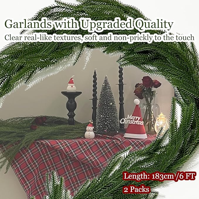 6 Ft 2 Pcs Artificial Norfolk Pine Garlands, Realistic Pine Garland, Green Artificial Greenery Garland for Table, Mantle, Wall, Indoor, Outdoor Winter Christmas Decorations