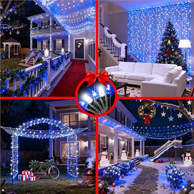 340 LED 90FT Christmas String Lights Outdoor, 12 Pro Modes and Timer Memory & Brightness, Plug in Waterproof Dark Green Wire Twinkle Light for for Xmas Yard Tree Wedding Party Decor (Blue & White)