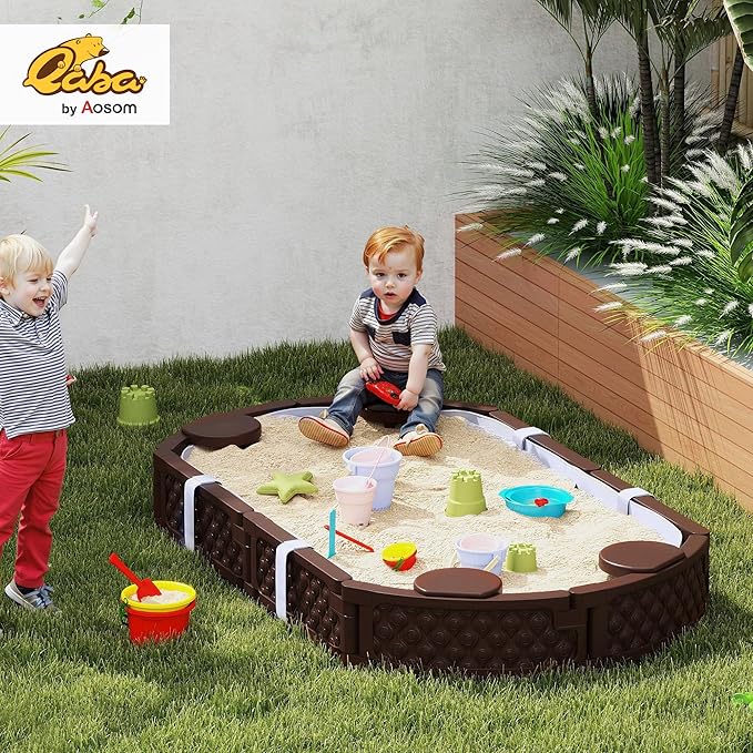 Qaba Kids Sandbox with Cover, Oval 71 HDPE Large Sand Pit with 4 Seats, Waterproof Bottom Liner, Weather Resistant Outdoor Sand Box for Backyard, Lawn, Garden, Beach, Patio, Brown