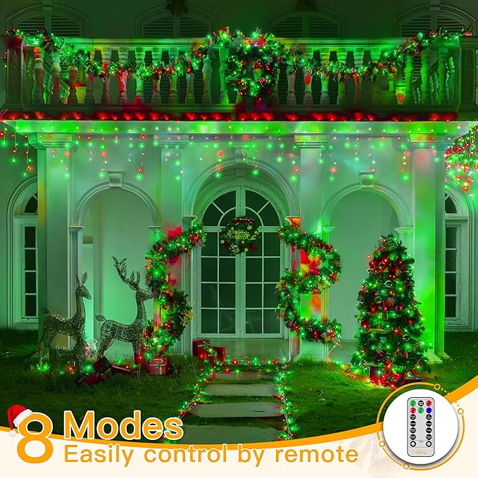 Ollny Icicle Lights for Outside 400LED 32FT, Red and Green Christmas Light with Remote 8Modes Timers Waterproof, Plug in Connectable Hanging Lights for Outdoor Indoor House Roof Holiday