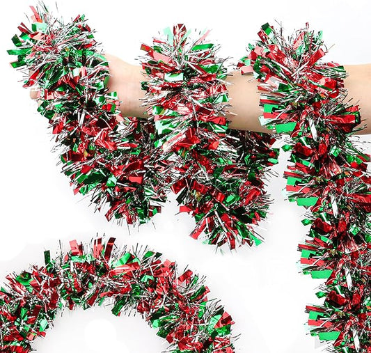 50FT Red Green Silver Christmas Tinsel Garland Metallic Twist Shiny Decorations for Christmas Tree Mantle Stair Indoor Outdoor Party Supplies