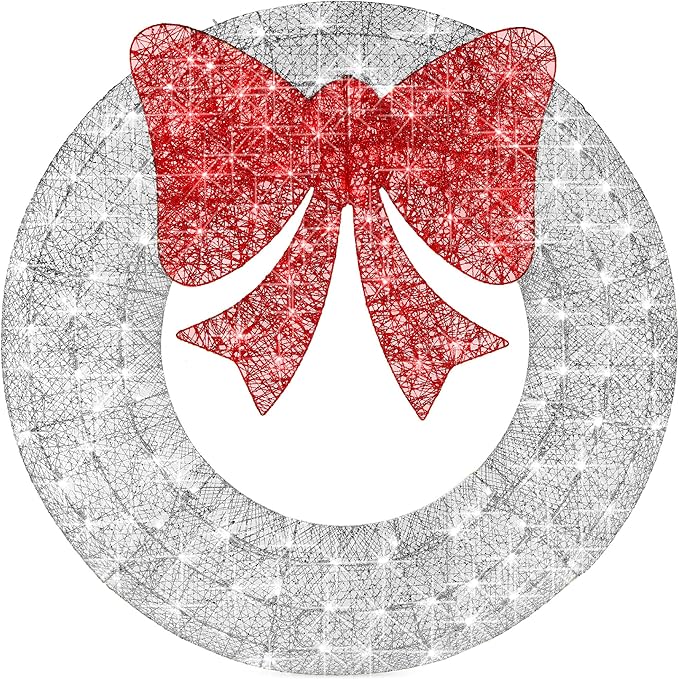 Best Choice Products 36in Pre-Lit Outdoor Christmas Wreath Decoration, LED Metal Holiday Decor for Home w/ 120 Lights, Bow - Silver/Red