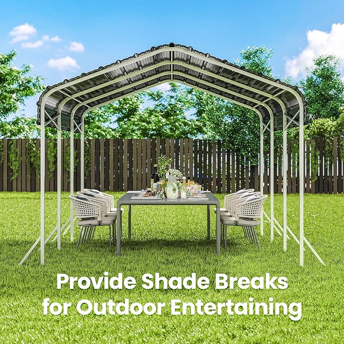 10x15ft Heavy Duty Metal Carport – Outdoor Galvanized Garage, Sturdy Structure, All-Weather Protection, Easy Assembly for Cars, Trucks, Boats, Tractors, and Outdoor Storage (Grey, 10x15FT)