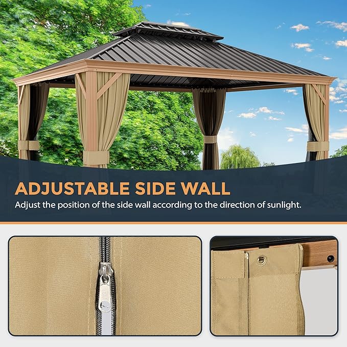 HAPPATIO 12' x 16' Hardtop Gazebo, Outdoor Wood Grain Frame Aluminum Gazebo, Double Roof Permanent Patio Canopy with Netting and Curtains for Garden, Patio, Lawns, Parties (Beige)