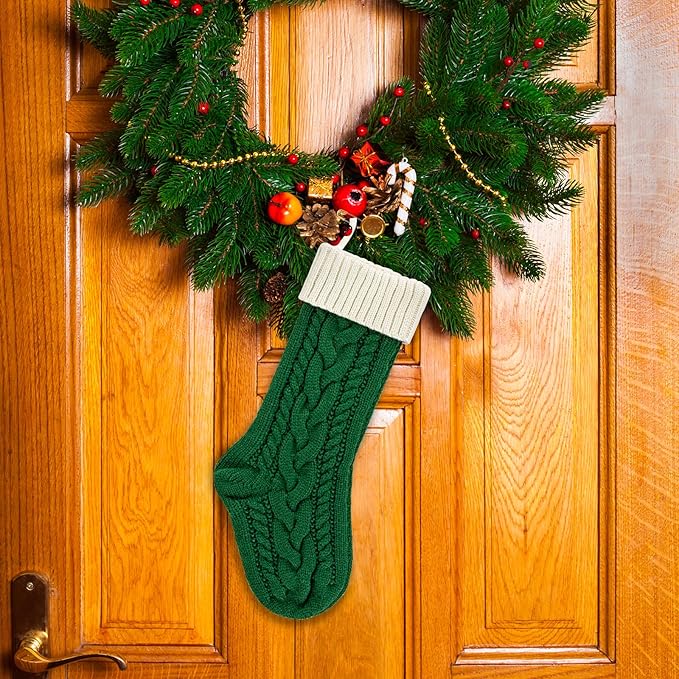 Personalized Christmas Stockings 18 Inches Large Size Cable Knitted Stocking Gift and Decorations for Holiday Family Xmas Party (Green and White, Pack of 2)
