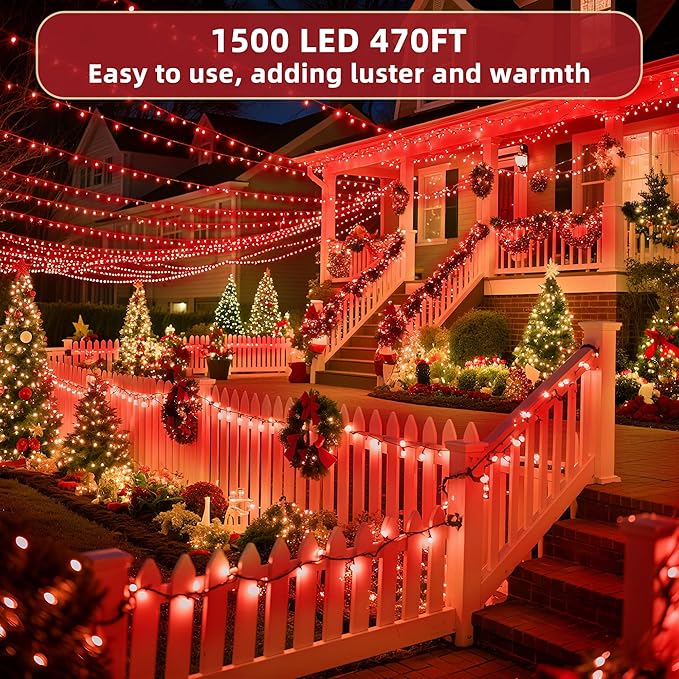 470ft Outdoor Christmas Lights, 1500 LED Super Long String Lights 12 Modes & Timer Memory, Dimmable Outsite Waterproof Light Strings for Xmas Tree Garden Wedding Party Holiday Decorations Red