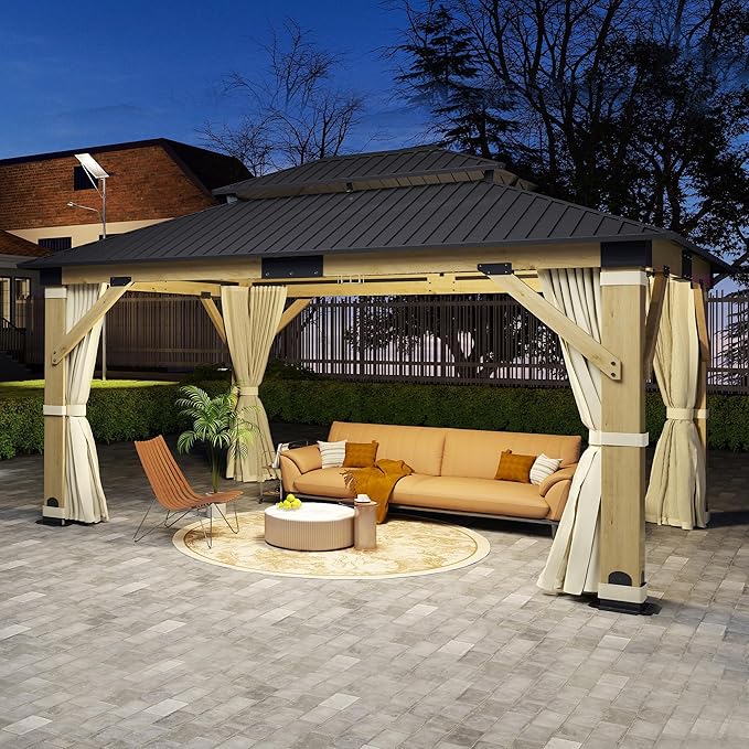 13'x15' Wood Gazebo, Outdoor Solid Wooden Gazebo with Double Roof Galvanized Steel Top, Hardtop Cedar Frame with Curtain & Netting for Garden, Patio, Deck, Backyard