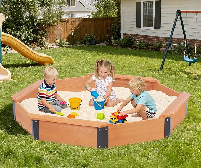 64''x56''x8.5'' Octagon Sandbox with Cover for Kids Outdoor Play, Wood Large Sandpit with 4 Benches, Quick Easy Install, US. Patented