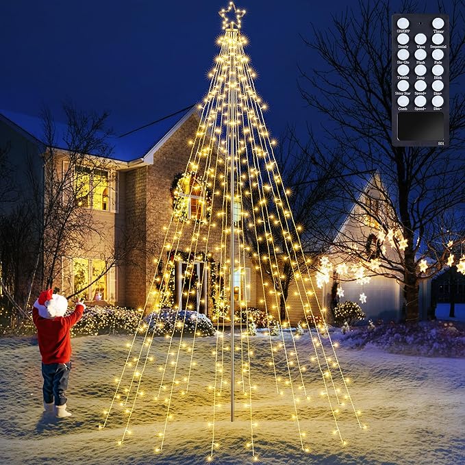 Flacchi 10 FT 404 LED Star String Lights Outdoor - Pole Set with Remote, Multiple Lighting Modes, Timer, and Waterproof Feature for Ultimate Holiday Decor (Warm White)