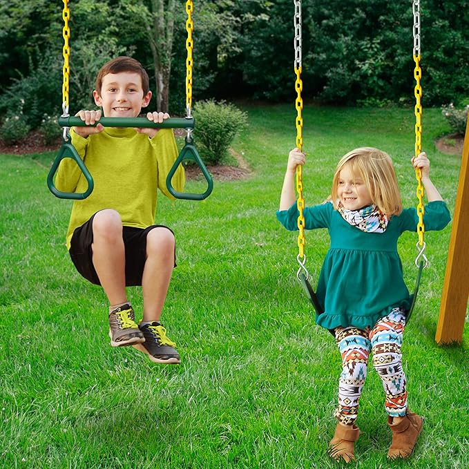 Gorilla Playsets 01-1066-Y Outing Wood Swing Set with Wood Roof and Trapeze Arm - Yellow Slide