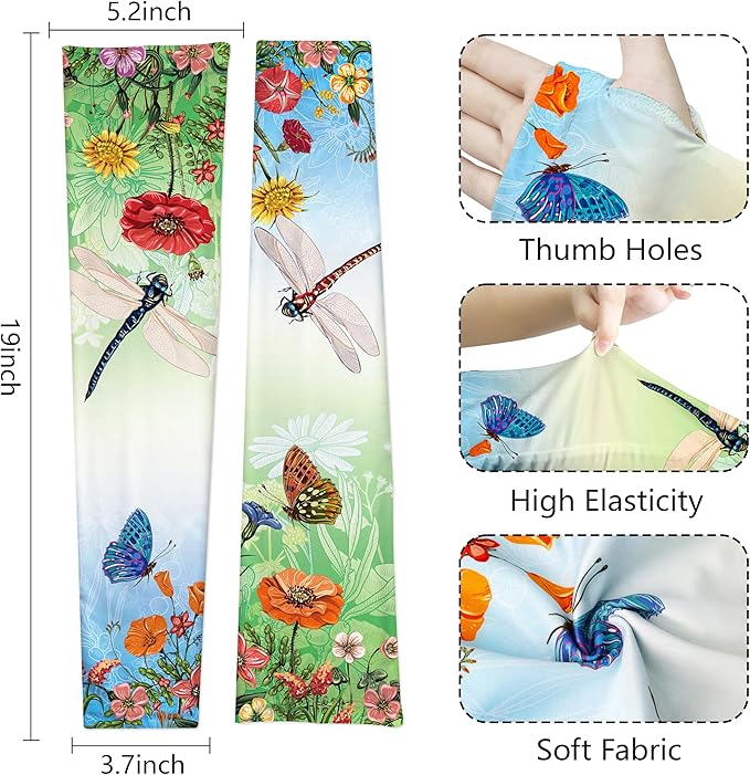 Buwuta Garden Sleeves for Women Dragonfly Sun Protection Sleeves Anti-Scratch Arm Cooling Sleeves for Farmers Sports