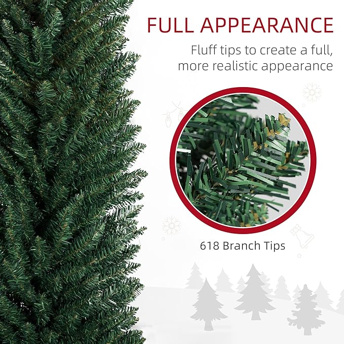 HOMCOM 8' Artificial Pencil Christmas Tree, Slim Xmas Tree with 618 Realistic Branch Tips and Plastic Stand, Green