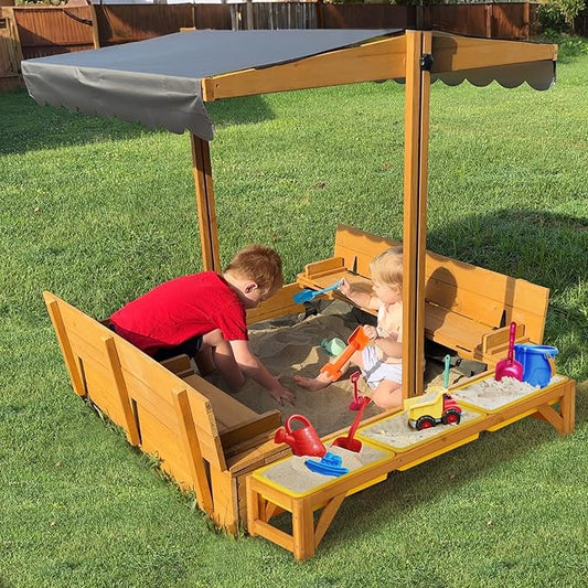 GUTINNEEN Sandbox with Lid and Cover for Kids Outdoor Sand Box with 3 Toy Bins, 2 Foldable Bench Seats, Adjustable Canopy and Sand Protection Liner, 47.2 L x 47.2 W x 51.9 H