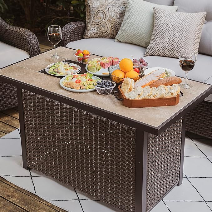 Nuu Garden 43 Propane Fire Pit Table, CSA Certified 50,000 BTU Outdoor Patio Propane Fire Pit Table with Fire Pit Wind Guard, Removable Lid, Ceramic Tabletop, Water-Proof Oxford Cover, Dark Brown