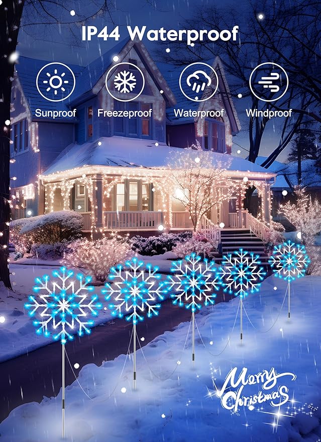 Brightown Snowflake Lights Outdoor,Total 20-Pack Snowflake Christmas Pathway Lights Outdoor Christmas Decorations Yard Sidewalk Walkway Driveway Marker Stake, Blue & White