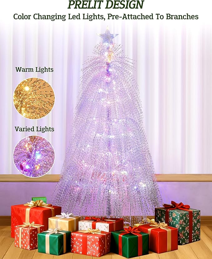 6.5ft Pre-Lit Artificial Christmas Tree, Christmas Tree with 180 LED Lights, 8 Lighting Modes, 2800 Tinsel Branches, Perfect for Indoor, Home, Party, Office, Apartment Decoration (Silver)