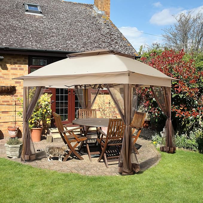 COOS BAY 11x11 Pop Up Gazebo with Mesh Netting, Instant Outdoor Canopy Tent, Water Resistant Shelter with UPF 50+ UV Protection, 121 Sq Ft Coverage, Beige