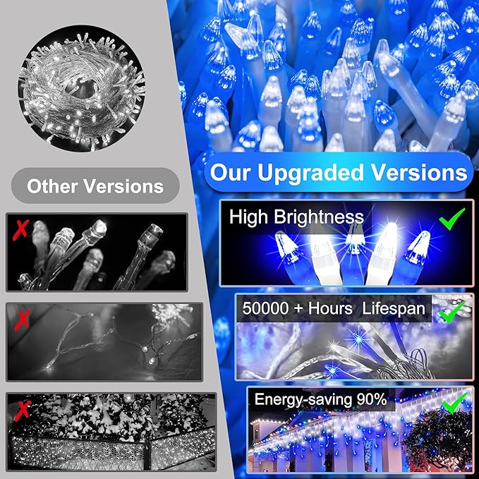 810 LED Christmas Lights Outdoor Indoor, 82ft Blue & White String Lights with 180 Drops, 12 Modes Dimmable Curtain Lights with Timer, Waterproof Twinkle Fairy Lights for Bedroom Window Xmas Decor